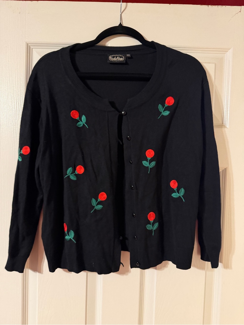 Voodoo Vixen Black Cardigan with Red Rose Embroidery